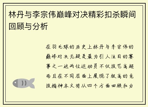 林丹与李宗伟巅峰对决精彩扣杀瞬间回顾与分析